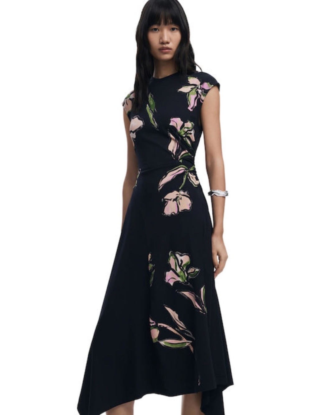 Desigual Katrina Dress Women's Black Floral Gathered Midi Dress